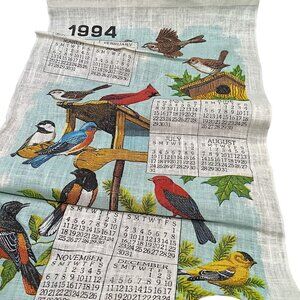 Vintage 1994 Bird-Themed Linen Calendar Tea Towel With Colorful Illustrations